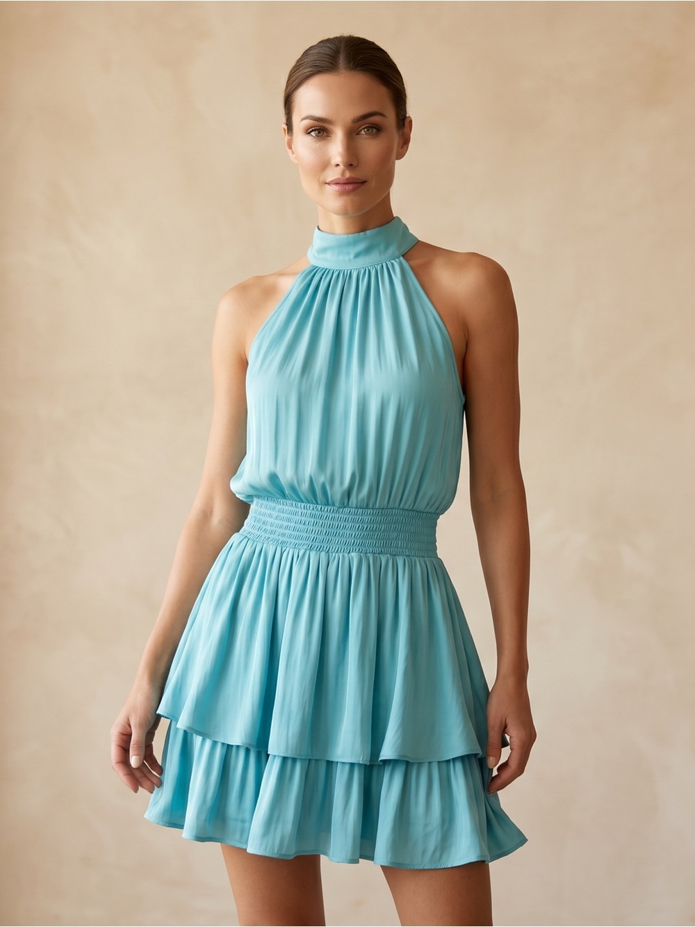 VENUS Aqua Halter Tiered Mini Dress Flirty, Flowy, & Effortlessly Chic
